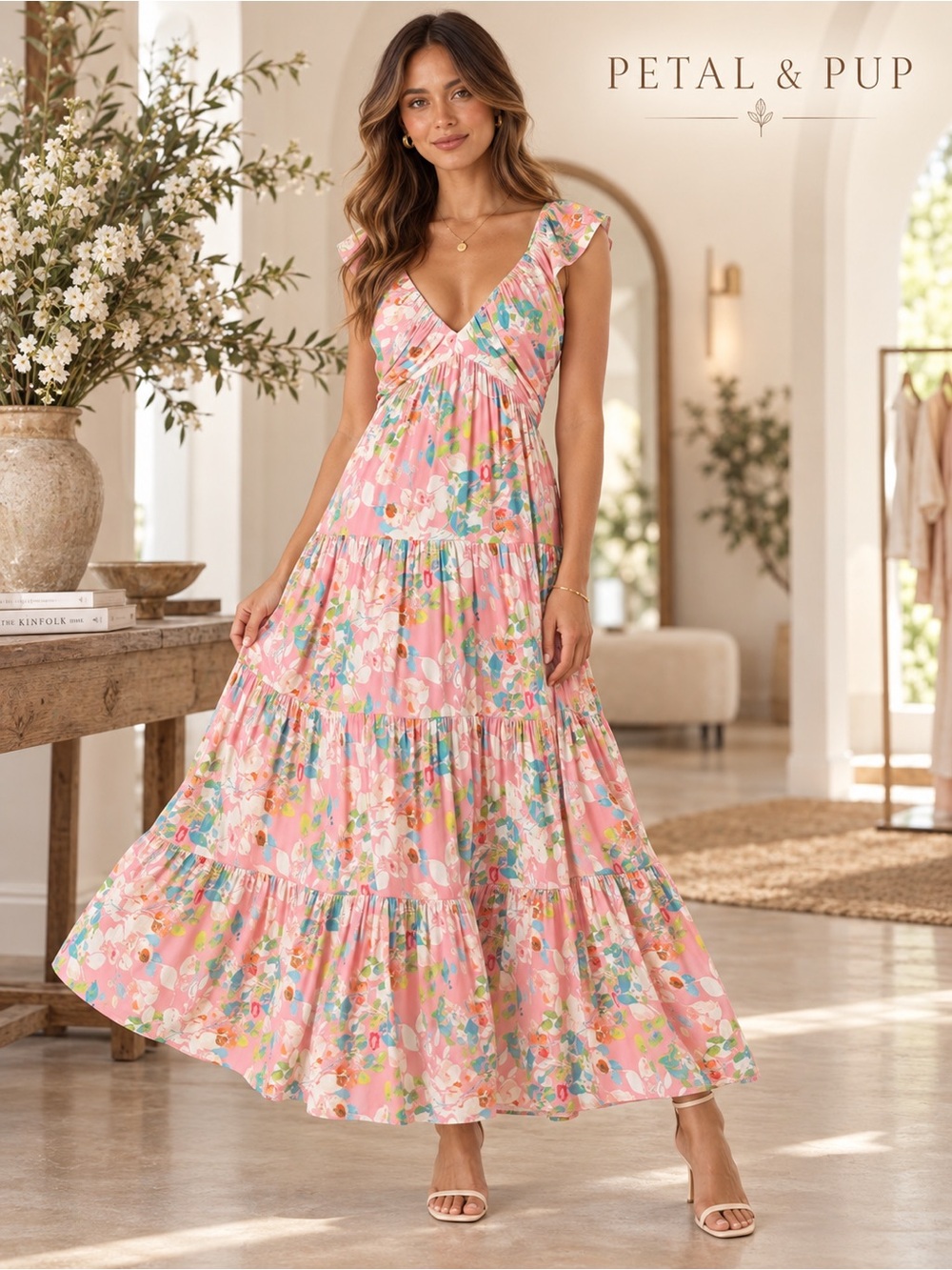 Petal + Pup Mandie Maxi Dress Size L Pink Floral Tiered Ruffle Boho Resort